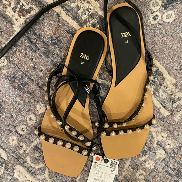 Zara black pearl sandals NWT sz 38